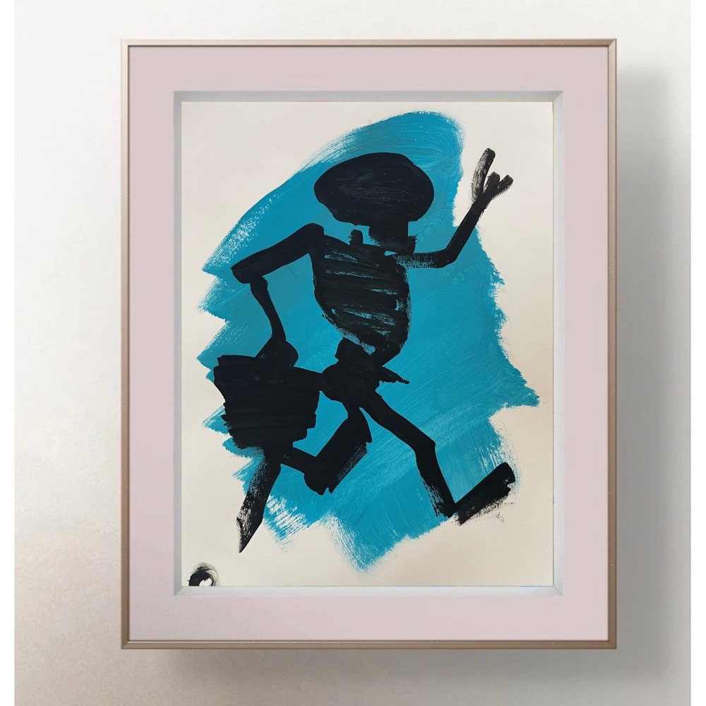 OMAN Original Skeleton Painting Blue Black Expressionist Spiritual Art 8.5x11